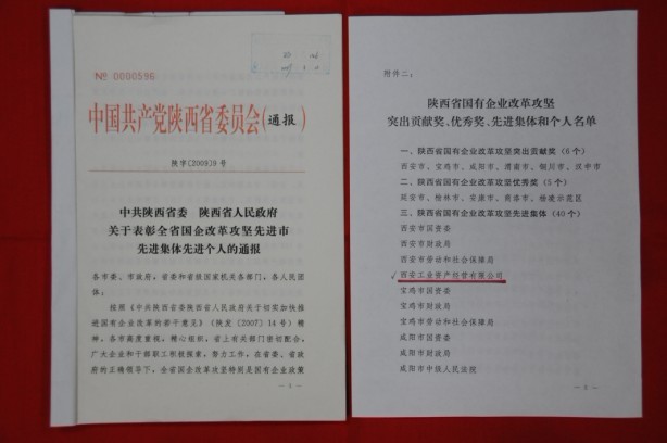 2009年2月，被陜西省委、省政府授予陜西省國有企業(yè)改革攻堅先進集體